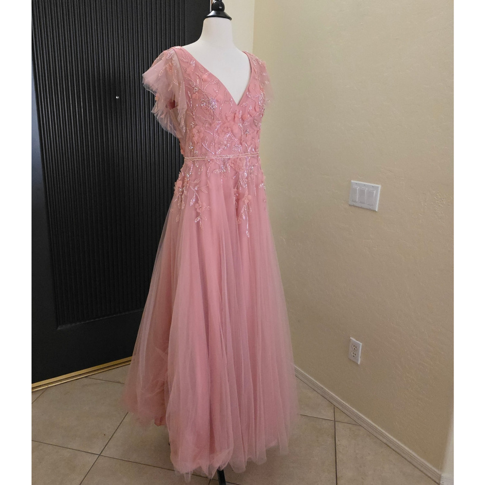 Mac Duggal Formal Pink Maxi Beaded Dress 11224 Tulle Salmon Flowers Gown 16 - Picture 5 of 14